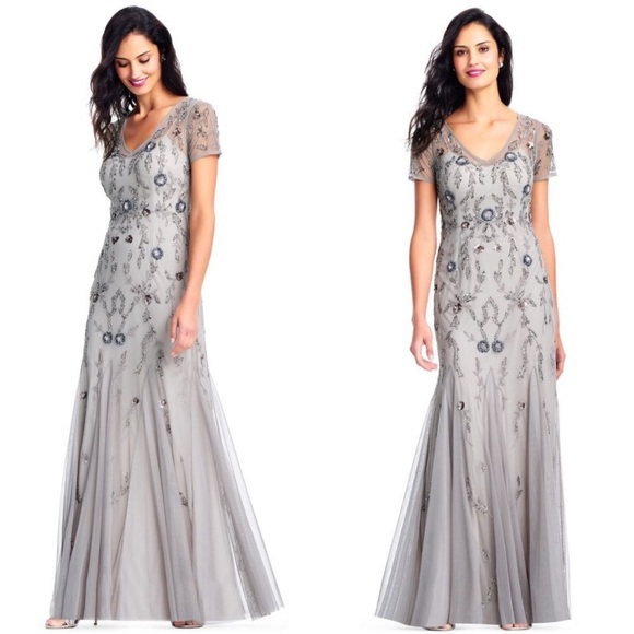 Adrianna Papell Dresses & Skirts - Adrianna Papell Beaded short sleeves V-neck Godet long Gown